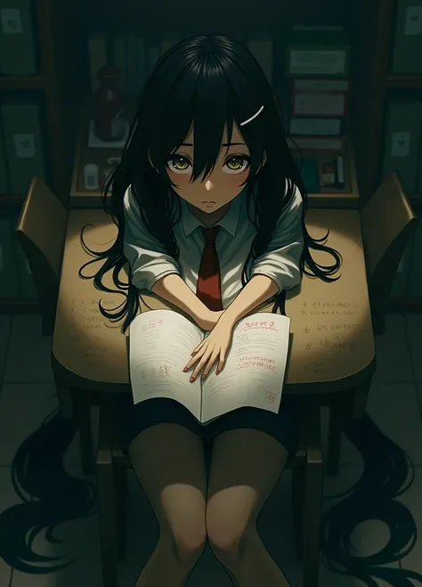 Anime girl with long black hair sitting at desk, (SFW) Safe for work, Kantai Collection Style, Akane Owari Danganronpa, Digital art from Danganronpa, Anime Mo, , From the front line to girls, Realistic schoolgirl, Rin Tohsaka, sexy anime girl, With big bre...