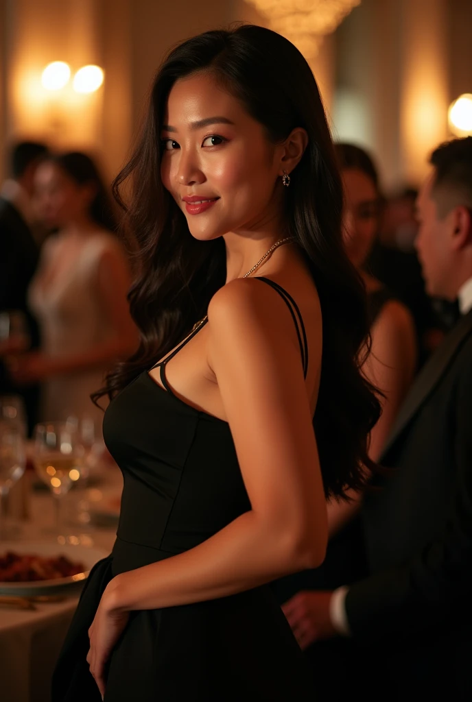 Beautiful curvy 30 year old asian woman wearing backless sleeveless dress at evening event. Large body, Thick upper arms. Showing back to camera. Smiling