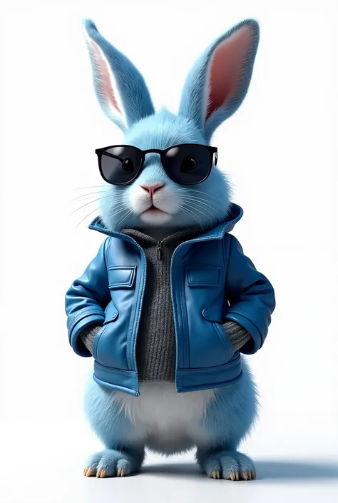 White background, Award-winning wallpaper portrait photography, Blue Rabbit、Standing like a human、sunglasses、Super detailed、Blue leather jacket、whole body、Real、front