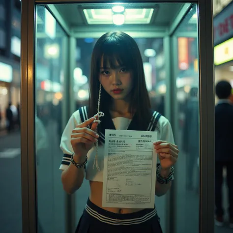 Very sexy Japanese JK trapped in a square glass Box, Hourglass body Shape, with Shackles, Yoke, a price tag that says 120,000 yen.  (yoke), She Presenting ID、(Spectacular Reflection), Unbuttoned, (RAW ProfessionalPhoto:1.6). at SHINJUKU Street Telephone bo...