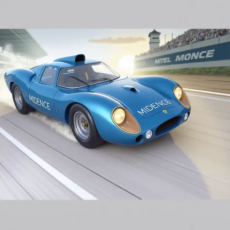 Make this car become a real blue lemans car with sponsorships that say midence on the car, racing on a lemans track at full speed in a beautiful sunset in the 50s