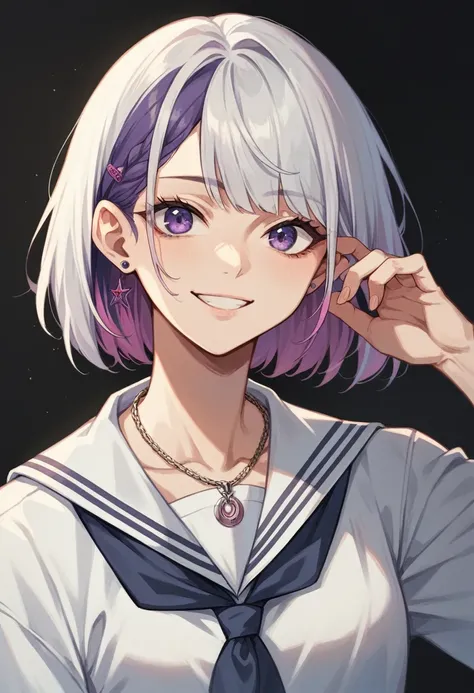 masterpiece,One girl,Alone, Light smile, Metal Necklace, White shirt, Modern school uniform, accessories, Purple and black two-tone hair color, Unique Hairstyles, stylish, Black Background