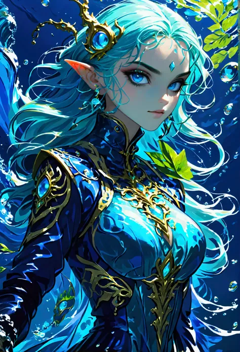 picture of a sea elf (intricate details, masterpiece, best quality: 1.5) water mage casting ((water control spell)), water wizar...