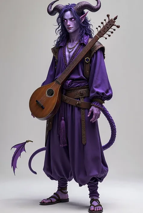 Full body Tiefling. His skin is a deep purple. His horns curve back naturally over his head, blending seamlessly into his shoulder-length, curly hair, which is a dark shade of purple with lavender tips.
His pupil-less eyes glow with a light purple hue. A l...