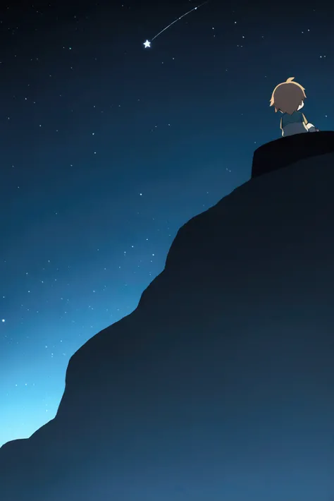 Len Kagamine Vocaloid chibi Kawai boy sitting on a hill at night looking up at the stars passing by