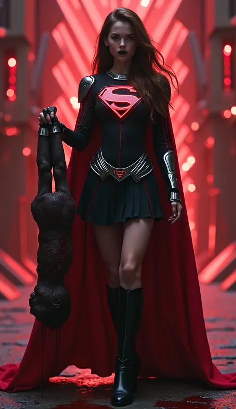 a full body view of a sexy busty 14 year-old teenager girl with long brown hair wearing a sleek black spandex long-sleeved supergirl top with a metalic silver "s" emblem on the chest with red glowing patterns running along the seams and edges, geometric ar...