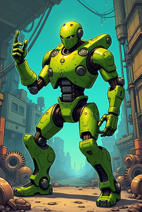 T13 Dummy action figure Toy green color, building a machine, comic style illustration 