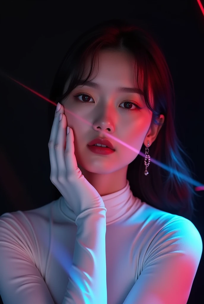 skin care photography, LOreal Paris cosmetic commercial, close shot of a korea model in an white latex bodysuit, she is touching her face, set against the backdrop of laser beams, red and blue beams create a dramatic effect on the black background, prism l...