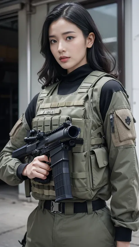 黒い制服を着た30代のwomanが廊下で銃を持っている., wear tactical gear, 黒のテックウェアを着たwomanの写真, dressed in tactical armor, black tactical gear, tactical ...