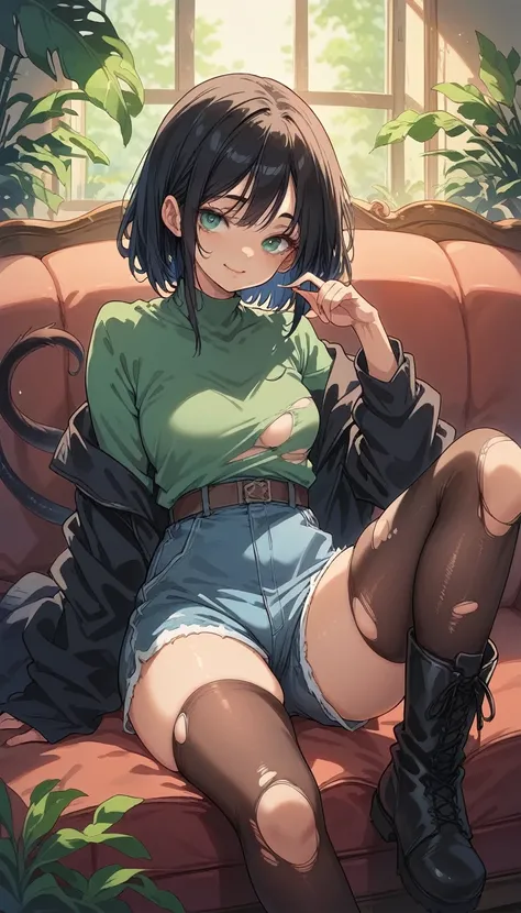 anime girl with black hair, race tiren, long thin tail with a sharp tip like an arrow, dressed in a top, dressed in tight shorts, torn stockings above the knee, massive boots, cute smiling face, sits on the couch sideways to us, looks at us with a finger t...