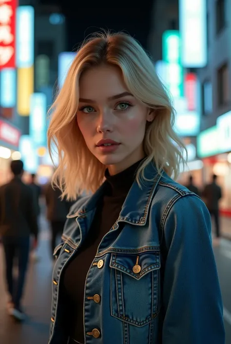 Une blonde type europenne parfaite au yeux vert dans une rue tokyo la nuit ( mais bien eclairé) avec une vest fasionne en jeans courte. La femme dois etre la plus realiste possible
