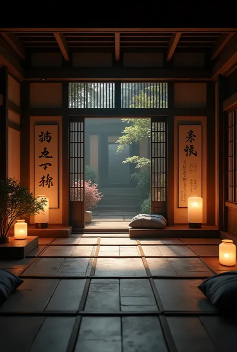 Inside of a traditional Japanese estate, feudal Japan, dimly lit night scene, intricate wooden beams and tatami mats, beautifully crafted paper sliding doors, soft glowing lanterns casting shadows, delicate calligraphy on walls, serene atmosphere, lush gre...