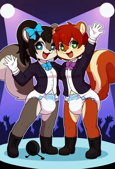 2girls, squirrel, furry, bodyfur, tail, blazer, shirts, bottomless, hair bow, diaper, white gloves, boots, chibi, sparkling eyes, happy, full body, idol, singing, dancing, bulge