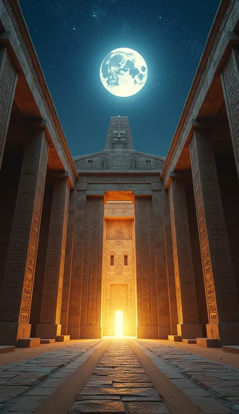  An ancient Egyptian temple illuminated by moonlight, where the secrets of the god Osiris and his rebirth are revealed in brilliant inscriptions.