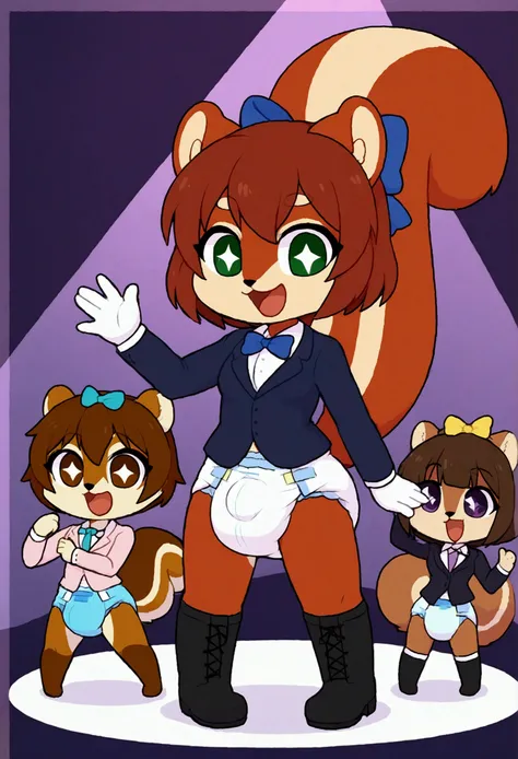 3girls, squirrel, furry, bodyfur, tail, blazer, shirts, bottomless, hair bow, diaper, white gloves, boots, chibi, sparkling eyes, happy, full body, idol, singing, dancing, bulge