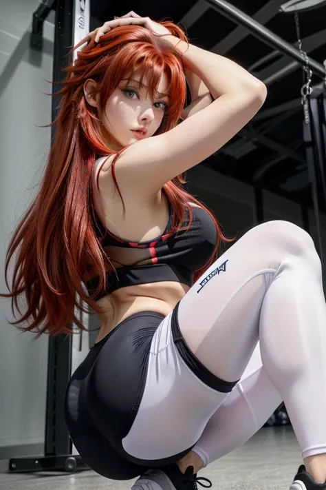 1 girl, rias gremory, long hair, red hair, wearing a black sports bra and blue tights, tight clothing, sporty physique, model, s...