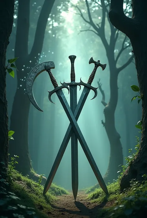 Medieval sickle and medieval sword crossed in the middle of the illuminated mystical forest 