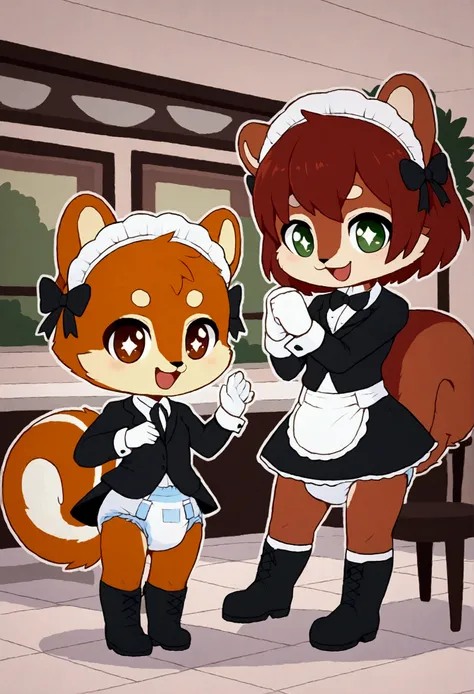 2girls, squirrel, furry, bodyfur, tail, blazer, shirts, bottomless, hair bow, diaper, white gloves, boots, chibi, sparkling eyes, happy, full body, cafe, maid, bulge