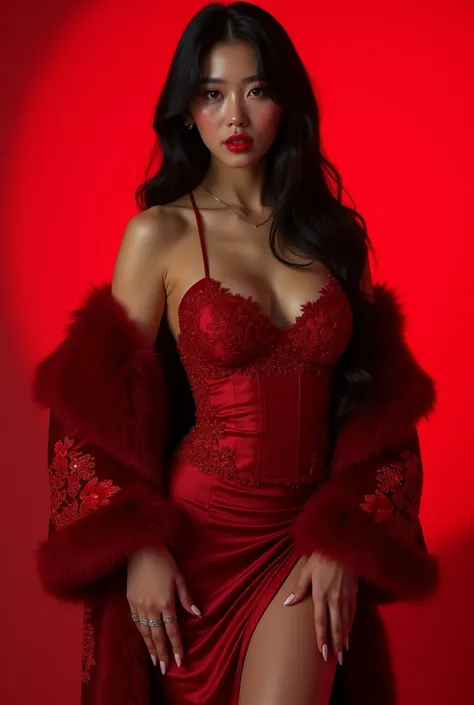 Korean girl ,BREAK (Red theme: 1.3),Tube Top,evening dress,( Fur robe:1.1),(embroidery:1.1),,, (best quality,8k,highres,masterpiece:1.2),ultra-detailed,(realistic,photorealistic,photo-realistic:1.37),studio lighting,ultra-fine painting,sharp focus,physical...