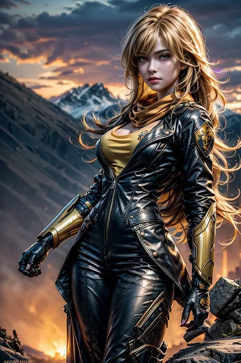 masterpiece,best quality,1girl,yang xiao long, very long hair, ahoge, purple eyes, wearing yellow tactical suit, orange scarf, large breasts, prosthetic arm, cowboy shot,standing on mountain path, overlooking river in far away valley, distant town in ruins...