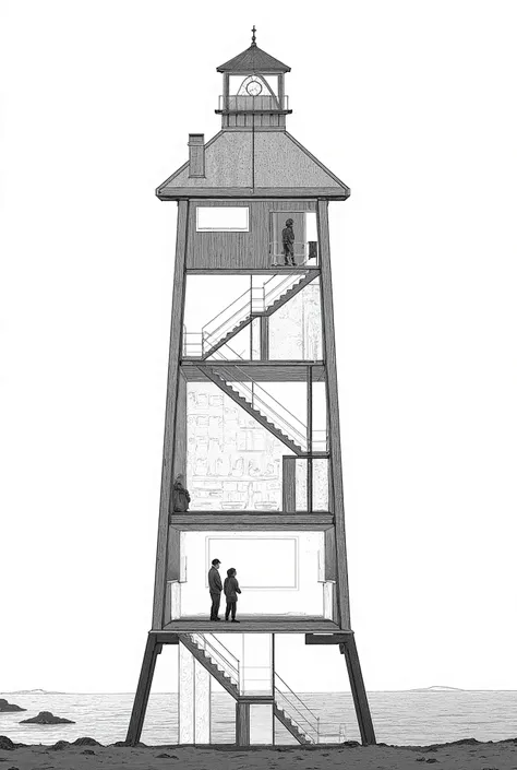 lighthouse,Three floors, sectional drawing, stairs leading up, на вверху lighthouseа стоят 2 человека