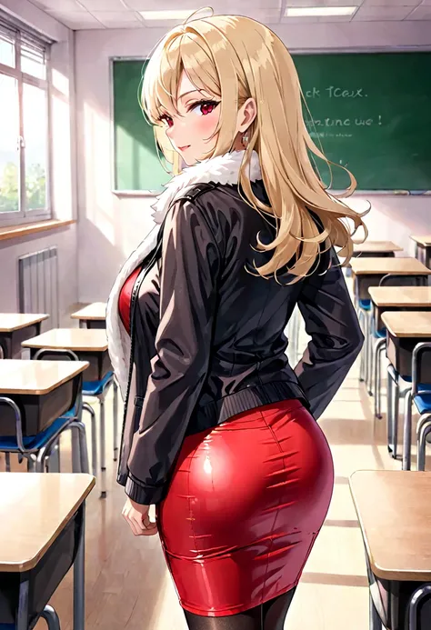 70-year-old Woman Wrinkled skin Blond straight hair Red long latex skirt Tights Fur coat Classroom View from behind Smirk