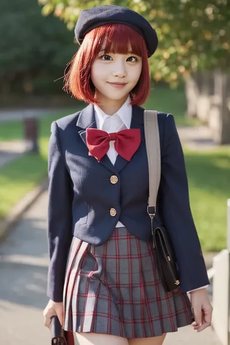 high school girl, red hair, bob cut, red eyes, 150 cm height, navy blue beret, navy blue jacket, red bow tie, light gray flared skirt, walk side by side together to school in morning