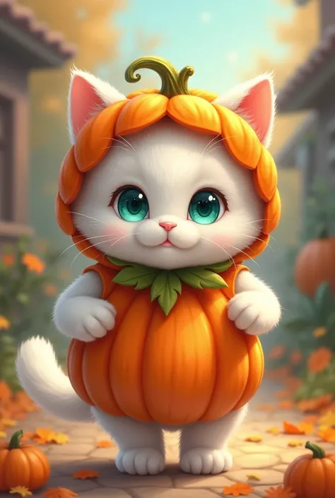 A cat with a pumpkin outfit trick or treat ing ,white cat with teal eyes and pumpkin hat walking, perfect eyes, beautiful eyes, anime style, whimsical, charming painting