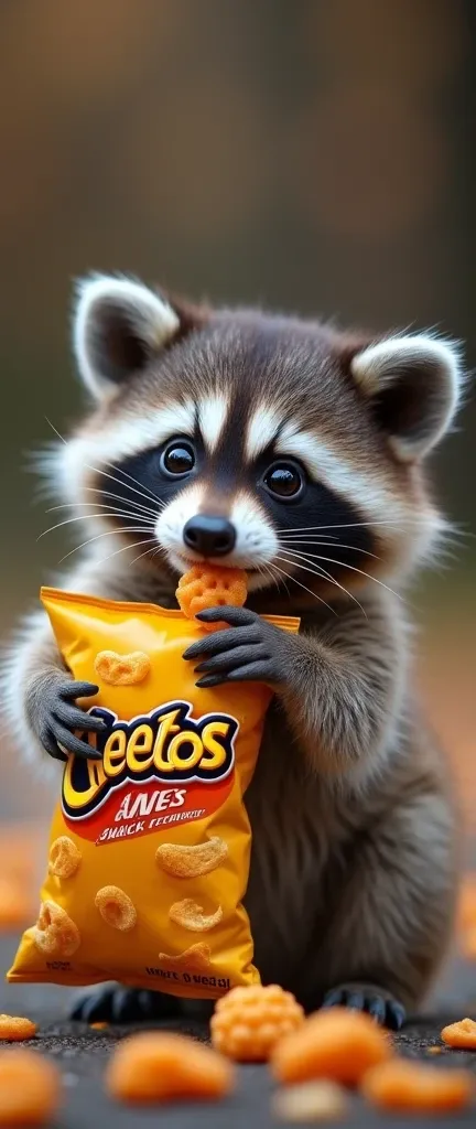 A photo of a cute, extra fluffy baby raccoon with expressive eyes and a playful expression. The raccoon is holding a bag of Cheetos snacks. The bag is yellow with the brand name "Cheetos" written in red and blue. There are several Cheetos scattered around ...