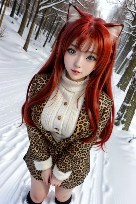  1 girl, Rias Gremory, long hair, red hair,in a leopard print suit lying in the snow, very beautiful cute kitten, trending on cgstation, trending on cgstation, Attractive cat girl, korean girl, Japanese model, perfect white hair girl, Cute style female hai...