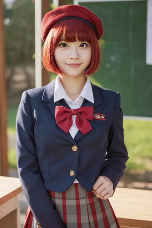 high school girl, red hair, bob cut, red eyes, 150 cm height, navy blue beret, navy blue jacket, red bow tie, light gray flared skirt, looking at viewer, sit in classroom