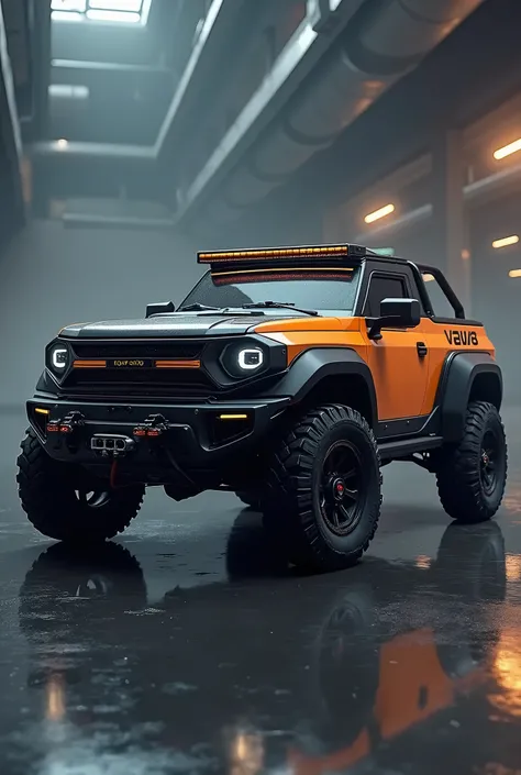 car truck, design jeep,design Toyota, futuristic based on the Fiat uno, Ultra Realistic detailed and futuristic car,new model and design of the Fiat Uno, conpaquita pickup truck ,Conpaquita pickup truck, black and orange