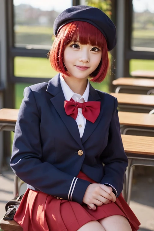 high school girl, red hair, bob cut, red eyes, 150 cm height, navy blue beret, navy blue jacket, red bow tie, light gray flared skirt, looking at viewer, sitting in classroom