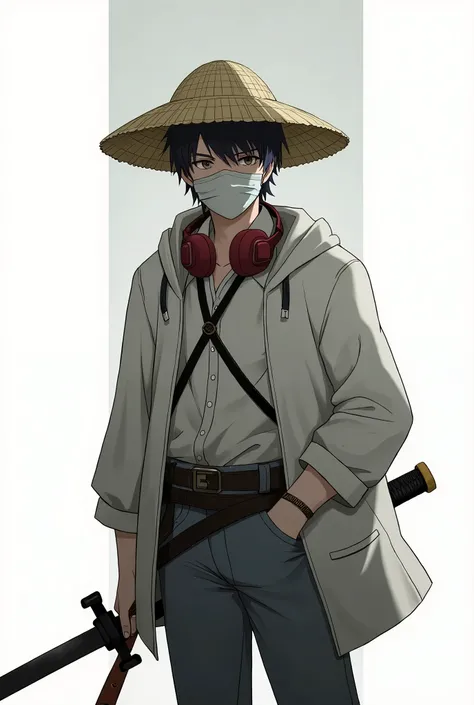 1 man,Alone, black hair, high resolution, short hair,Mask, sword, neckband headphones, straw hat, white man