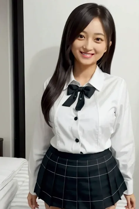 Gravure idol pose　Hotel　bed　uniform　White shirt　High image quality　Not too small bust　Black Mini Skirt　Short skirts and beautiful hair　Height: 158cm　smile　Long Hair
