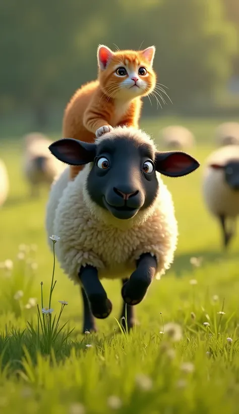 “An ultra-realistic, hyper-detailed image of a joyful black-faced sheep running in a green field with an extremely lifelike, happy orange spotted cat sitting on its back. The textures of the wool and fur should be highly detailed, showing every strand with...