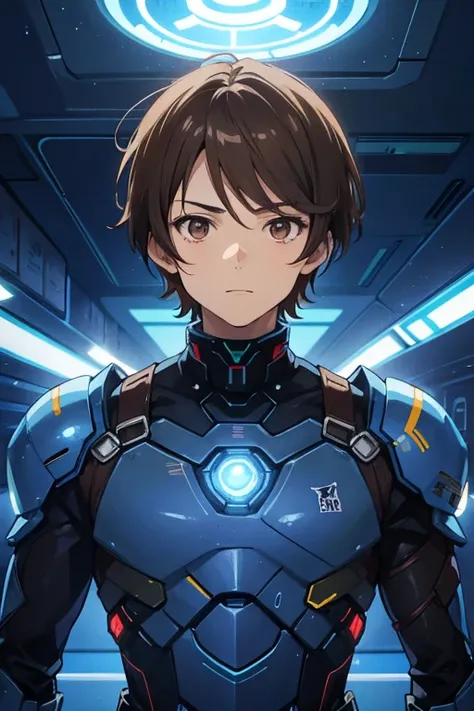 man, Young, beautiful, short brown hair, brown eyes, anime, wearing futuristic blue armor emits blue lights, background room inside a spaceship.