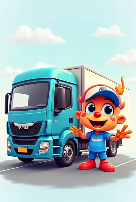 Create a blue and red truck and delivery man mascot 

