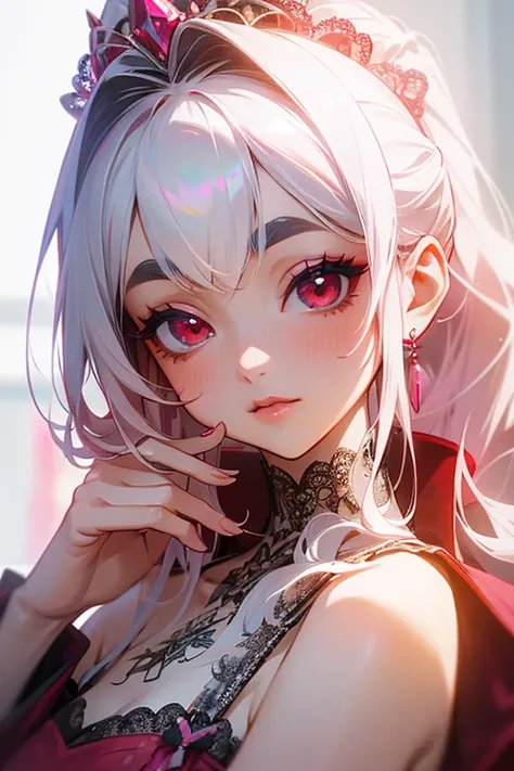 (Highest quality masterpiece:1.2), High resolution, Very detailed, Realistic:1.37, Fantasy, Illustration, Her hair is white.いです、Red eyes、queen red dress.Platinum decoration、beautifully、Eyeshadow Red、Thick eyebrows、Long eyelashes、The pupil is black、Her hair...