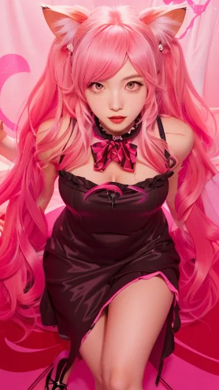 girl with pink hair and a cat ears, , junko enoshima from danganronpa,  girl wearing a black dress, digital art from danganronpa,  in dress, mirai nikki, seductive girl, succubus in tight short dress, monster girl, pink girl, style like fate/stay night