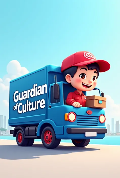 Create a blue and red truck and delivery man mascot with the word “guardian of culture” written on it 