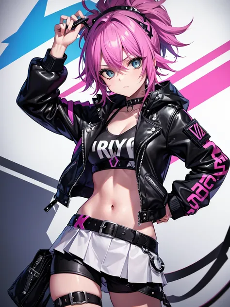 Create a character named Roxy, A punk rocker girl who exudes a rebellious and revolutionary spirit. Roxy&#39;s distinctive look is vibrant, (((A large purple and pink mohawk on its head))) Shave both sides of the scalp、Showing off her attractive tattoos. t...