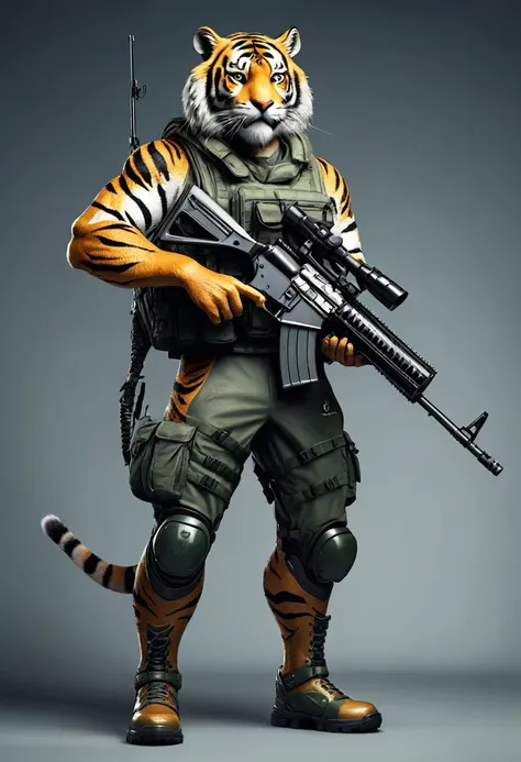 Create a military humanoid tiger, he is holding a rifle, realistic style