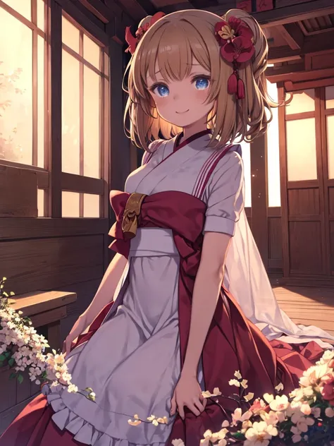 One girl,Light brown medium length hair,Tears,(blue eyes)+,A kind smile,Medium chest,A fusion of shrine maiden and maid outfits,