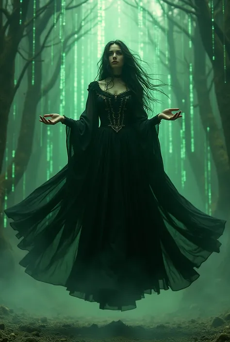 Wide shot of beautiful gothic girl levitating in the Matrix.  Background symbols, binary codes of the Matrix. With medieval gothic dress and cloak. Hands together like a plague.  Elegant cinematic fantasy art, intricate,  fantasy concept art, detailed fant...