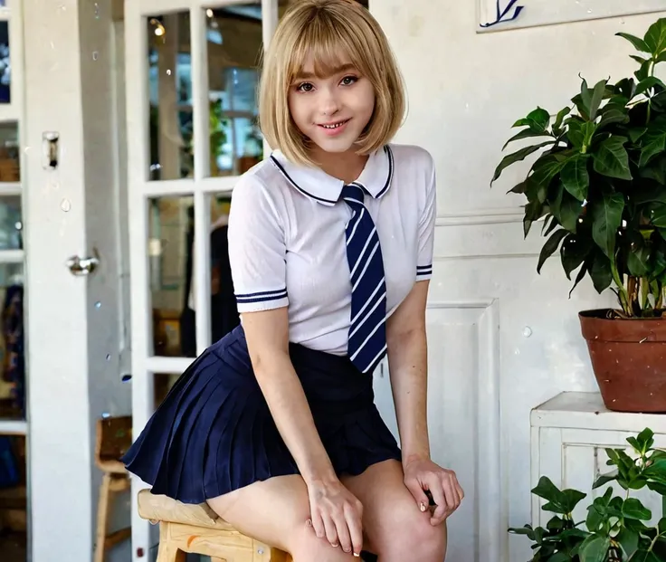 looking at the scenes, Front view, 1 girl, English, high school girl, 20 years, The perfect face, cute symmetrical face, Glowing skin, open legs,
(bob hair:1.7,blond), asymmetrical bangs, big eyes, sunken eyes, Long eyelashes on chest), High, 
beautiful ha...