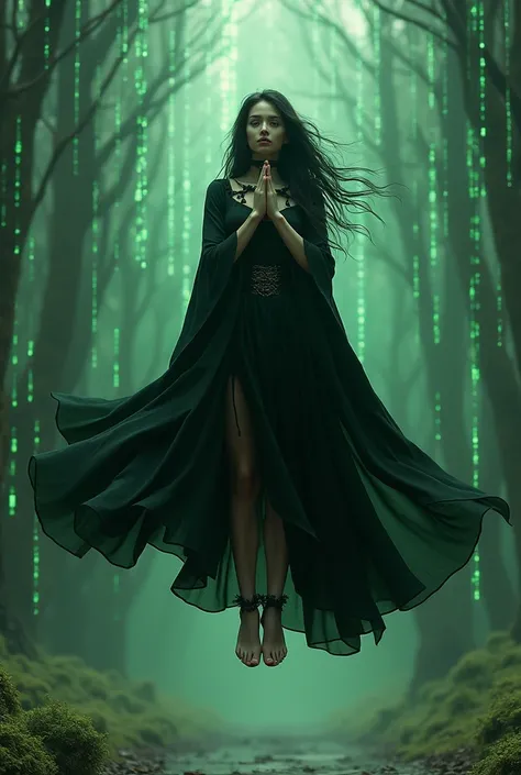 Wide shot of beautiful gothic girl levitating in the Matrix.  barefoot. Background symbols, binary codes of the Matrix. With medieval gothic dress and cloak. Hands together in prayer.  Elegant cinematic fantasy art, intricate,  fantasy concept art, detaile...