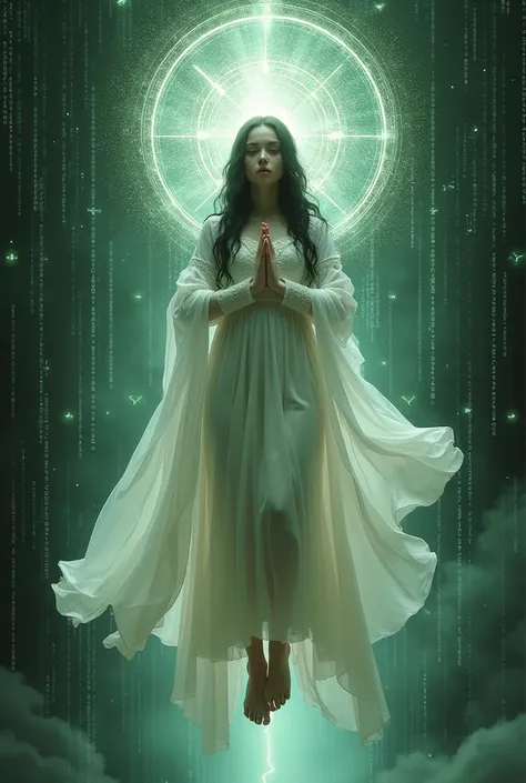 Wide shot of beautiful gothic girl levitating in the Matrix.  barefoot. Background symbols, binary codes of the Matrix. With white dress and gothic medieval cloak. Hands together in prayer.  Elegant cinematic fantasy art, intricate,  fantasy concept art, d...