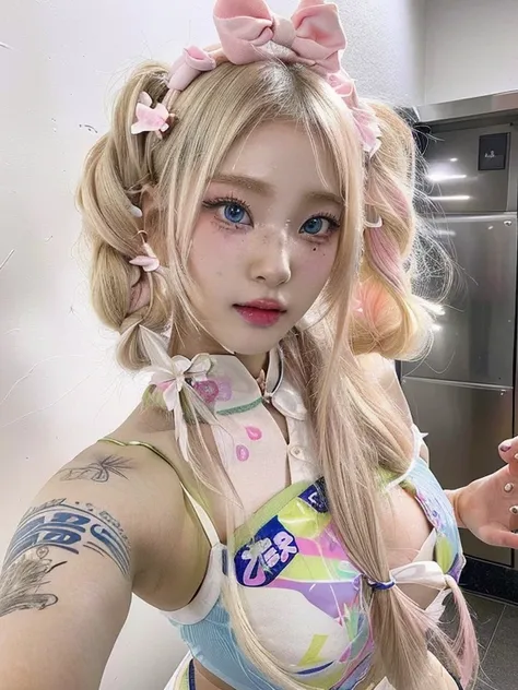 blond haired girl with tattoos and a pink bow on her head and blue like eyes, ahegao, yami kawaii, blond hair with pigtails, por...