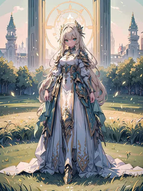 (((masterpiece, best quality, high detailed, 16k))) (1girl) A calm and composed female warrior with long, flowing blonde hair and piercing green eyes. Her armor is light and elegant, made of silver and white, with intricate patterns resembling the harvest ...